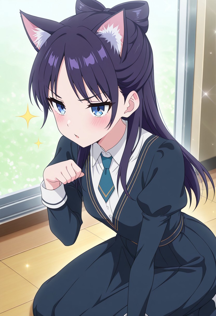 (absurdres, best quality, masterpiece:1.4), amazing quality, highres, newest, detailed, detailed body, detailed face, source anime, anime coloring, beautiful, petite, sparkles, kemonomimi mode,
BREAK
WWNemu, 1girl, solo, meowing, nyan, NemuAniHu, dark purple hair, cat ears, parted bangs, half updo, blue eyes, v-neck dress, white inner collared shirt, Short necktie, juliet sleeves, long skirt, paw pose