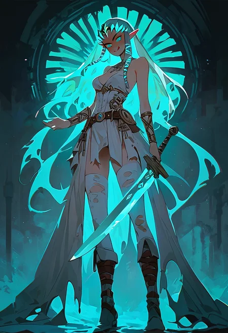 score_9, score_8_up, score_7_up, score_6_up, NLSTN, 1girl, 20 year old, long blond hair:1.5, princess zelda, medium perky breasts, torn bride dress, cyan ribbons in hair, cleavage, long legs, cyan eyes, white thighhigh boots, evil grin, licking lips, heavy blushing, medium ass, detailed background, glowing, dark, standing, huge cyan sword,