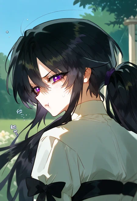 zPDXL3, score_9_up, score_8_up, score_7_up, (Anime_source), 1girl, Reneille, purple eyes, black hair, long hair, Adventure uniform, ponytail, looking at viewer, upper body, (looking back), pout, :t, closed mouth, blushed, swear drops