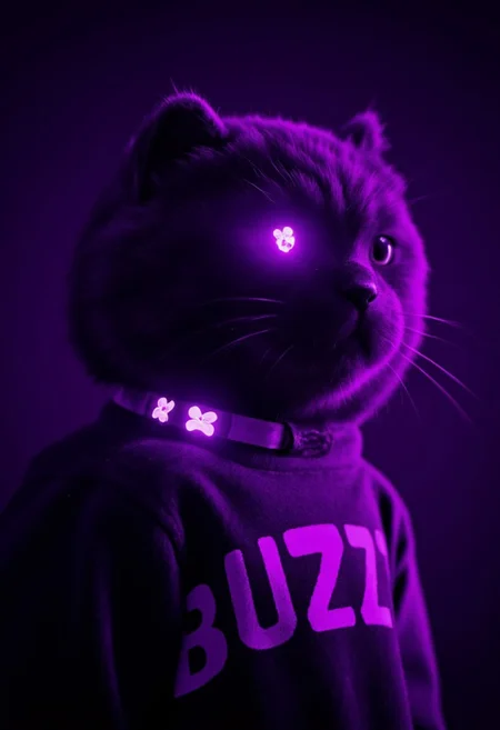 In a dark, purple-tinted studio, a fluffy, scruffy cat stands confidently Showing An empty paw, He came to bargain, illuminated only by the glowing elements of its collar and accessories. With a playful tilt of its head, the cat exudes a laid-back, rebellious vibe. Its collar, adorned with glowing violet designs, reflects faint, ethereal light that dances across the cat’s tousled fur,
The soft glow highlights the cat’s messy fur and the relaxed fit of its oversized hoodie with text "buzz", casting long, cool shadows in the purple-black studio setting. The cat's casual stance and the contrast of the glowing collar against the dark, atmospheric space create a blend of playful attitude and surreal, moody energy.
