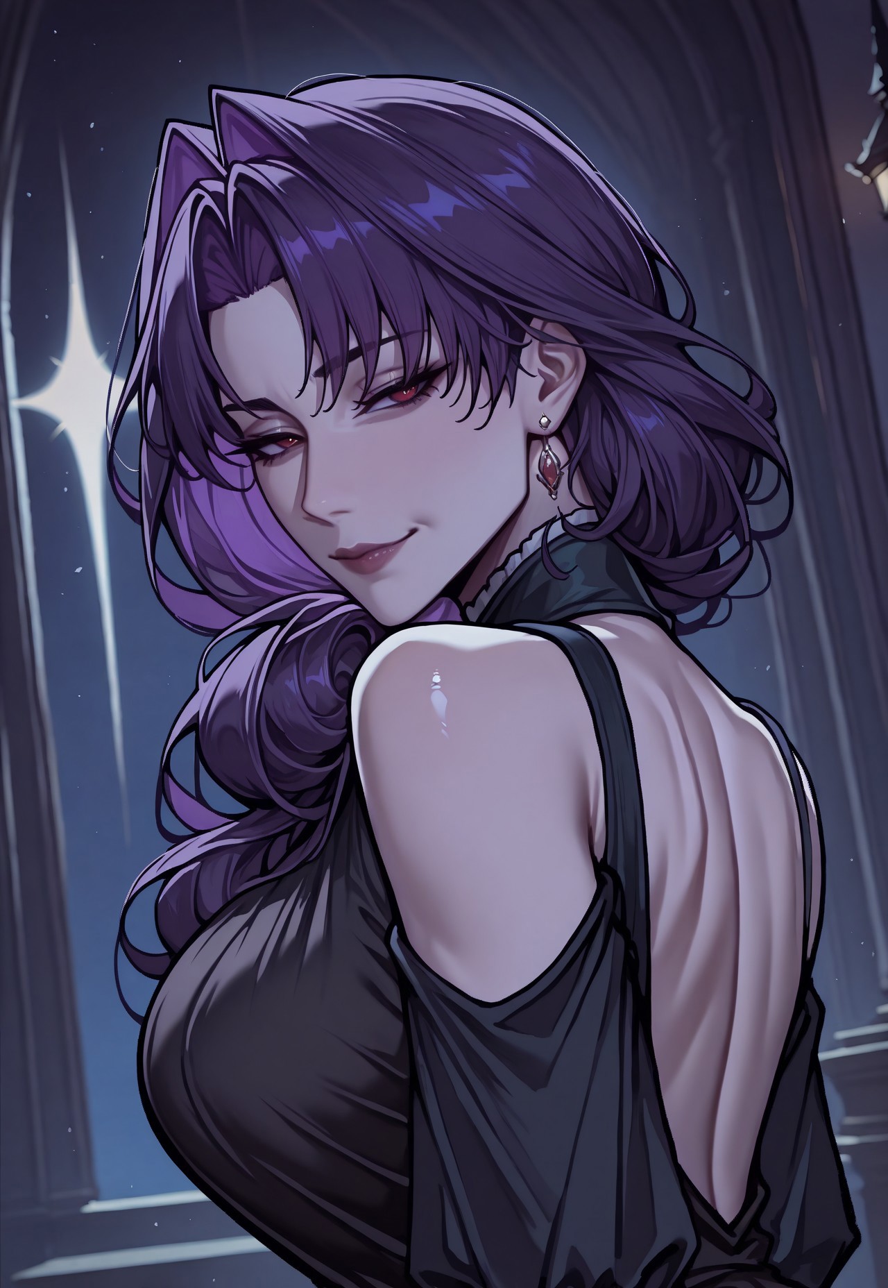 (masterpiece), best quality, solo, Dutch angle, Garofano, Purple hair, Parted bangs, Low ponytail, Red eyes, matching earrings, aristocratic, from behind, black dress, intricate detailed, detached sleeves, backless, mature female, lips, leaning, perfect eyes, indoors, mansion, night, upper body, moonlight, backlighting, serious eyes, smile, from side, looking back