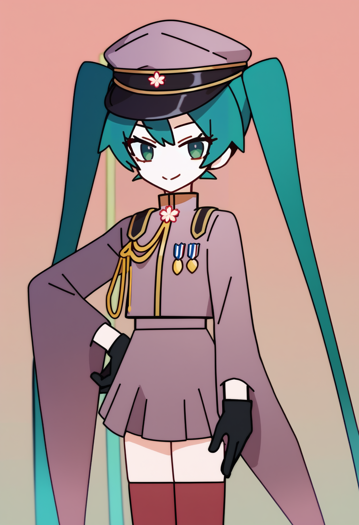 score_9, score_7_up, <break> simple background, solo, 1girl, senbonzakuramiku, smile, looking at you, standing, hand on own hip, green hair, twintails, peaked cap, green eyes, military uniform, red jacket, medal, long sleeves, wide sleeves, black gloves, half gloves, red skirt, red thighhighs
 <segment:yolo-face_yolov8m.pt,0.4,0.5//cid=1>