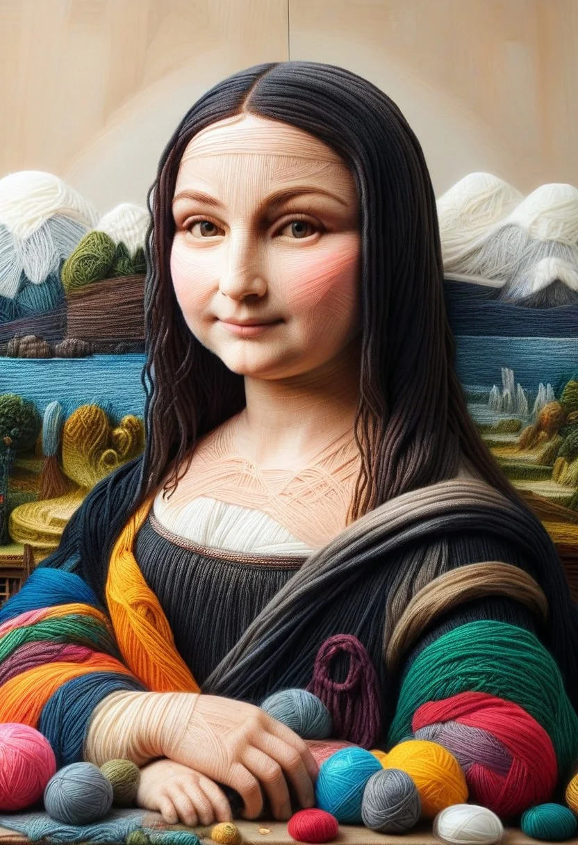 yrnwrld, made of yarn, yarn painting Mona Lisa, high quality,masterpiece,absurdres,incredible composition,extremely detailed, Mona Lisa