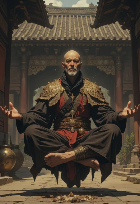 By Phandigrams, close-up digital portrait of 20-year old mystic Asian bald monk meditating with eyes closed magically levitating sitting 1 foot off the ground in the air, monastery background, high action pose, perfect pupils, insanely detailed faces, correct digits, realistic skin, intricately detailed, perfect expressive eyes, perfect pupils, Stunning visuals, Texture, beautiful face features, dynamic, MurphFSF