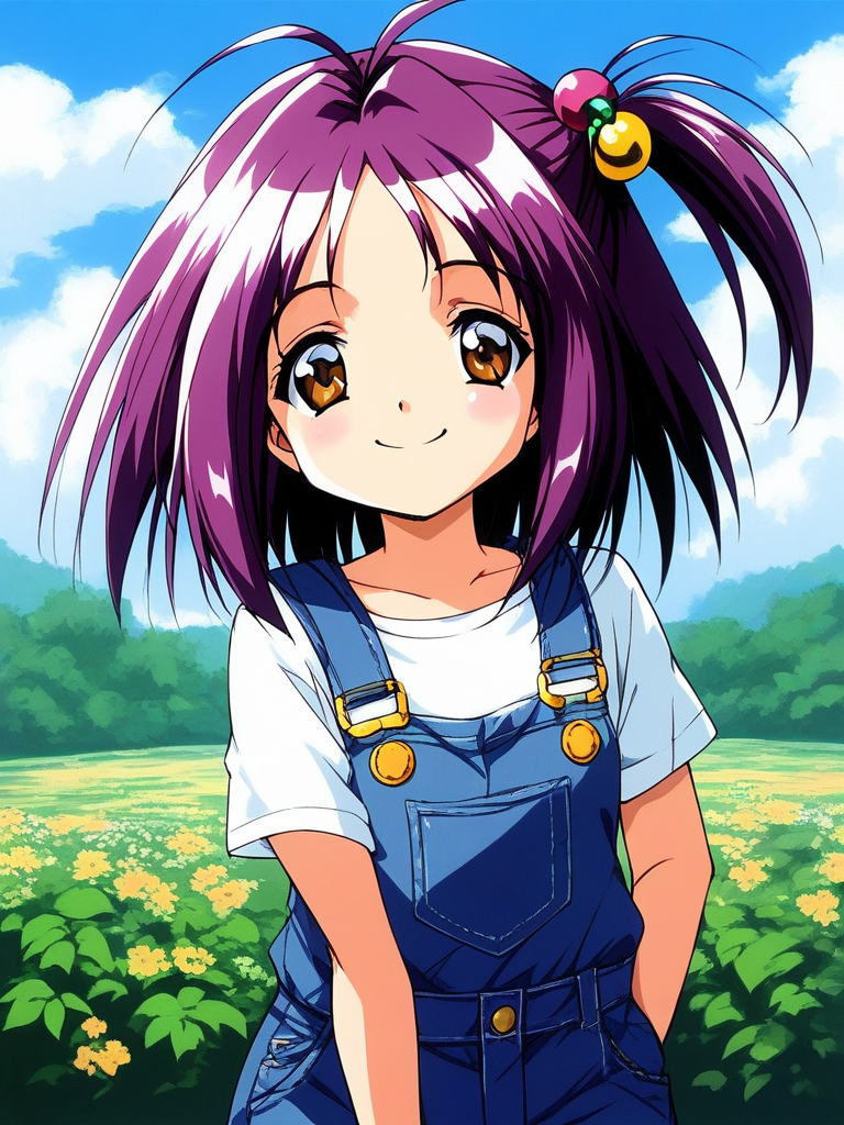score_9, score_8_up, score_7_up, source_anime, rating_explicit, BREAK  <lora:Kotobuki_Miyuki_XL:0.9> Kotobuki_Miyuki, purple hair, brown eyes, short hair, chibi,
 1girl, solo, overalls, hair ornament, hair bobbles, plaid, one side up, shirt, smile, 
outdoor, sky,