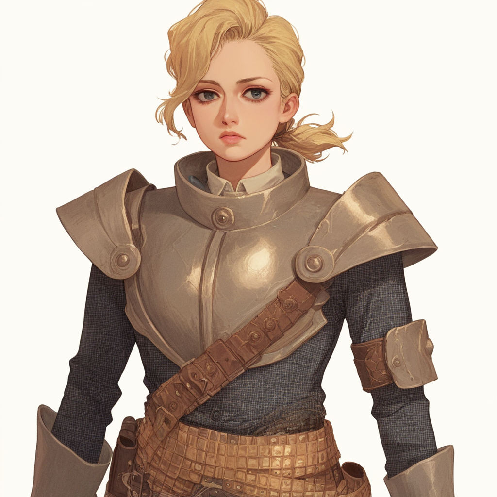 Score_9_up, source_8_up, source_7_up, source_anime, upper body, lBREAK 1girl, solo, Mags, blonde hair, pompadour, low ponytail, lips, checkered suit, armor, bandelier belt, thigh holster,