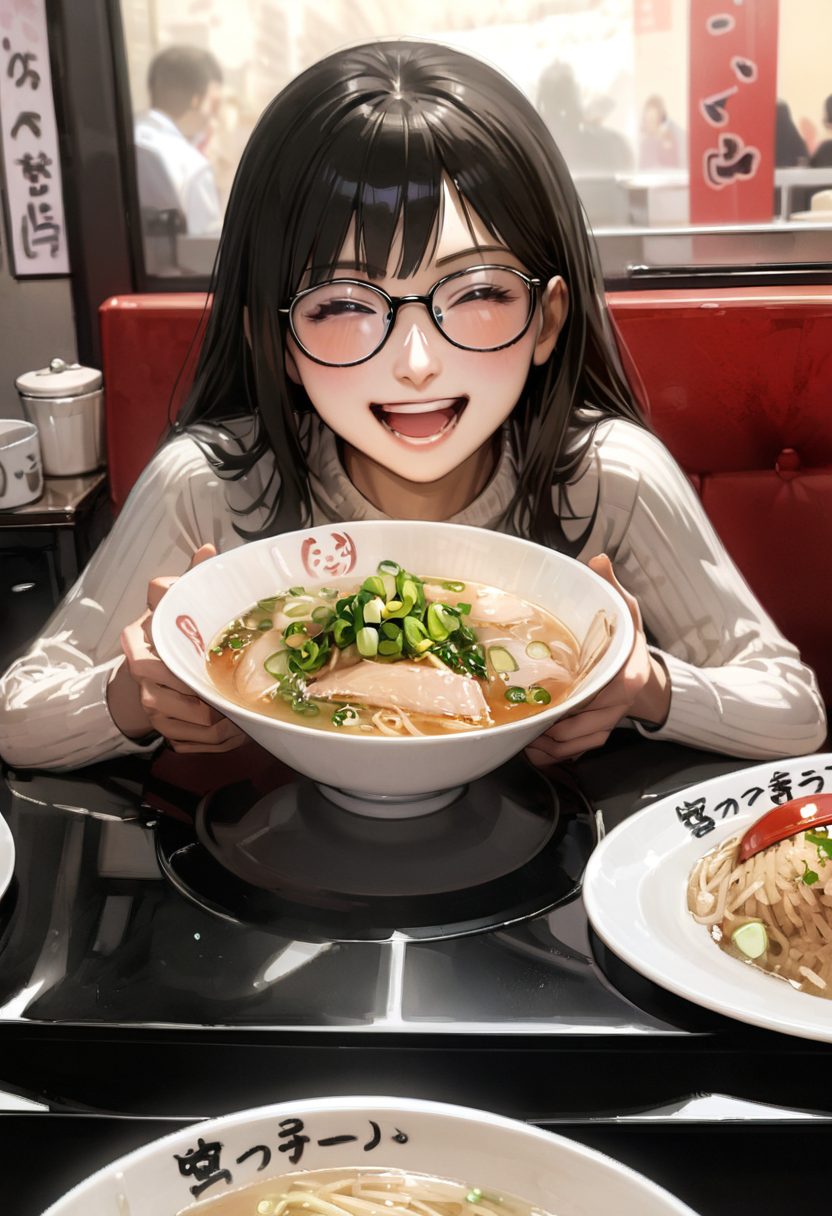 masterpiece, best quality, very aesthetic, absurdres,
1girl, solo, glasses, black hair, long hair, white ribbed sweater, happy, smile, looking at viewer, open mouth, solo focus, sitting, across table, 
miyakko_ramen, food focus, noodles, food, bowl, realistic, ramen, soup, spring onion, still life, cup, table, close-up
 <lora:miyakko_storefront_SDXL_V2:1>
