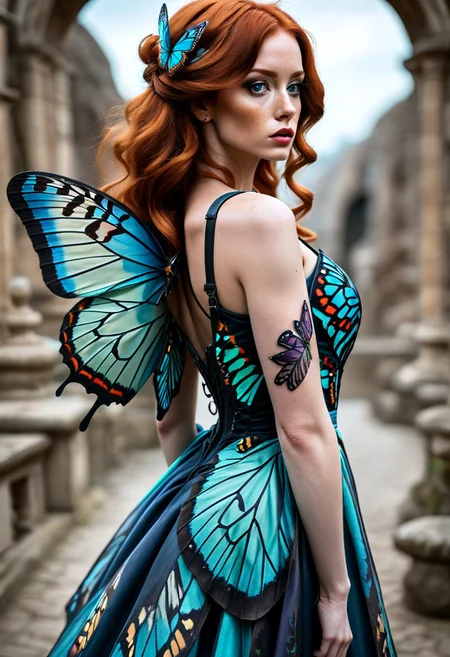 A (((sexy Irish woman wearing butterfly wings on her back))) in her early 30s, with a ((voluptuous)) (((hourglass))) figure, (large bosoms), ((wide hips)), ((thick thighs)), with a beautiful (((face))) featuring a small nose, rounded chin, oval face, blue eyes, and light subtle freckles, (((long, flowing ginger hair))), (((arm tattoos))), in a long flowing colorful boho dress, butterfly dress, ca45mv7-100,DV_Bea_Vicious