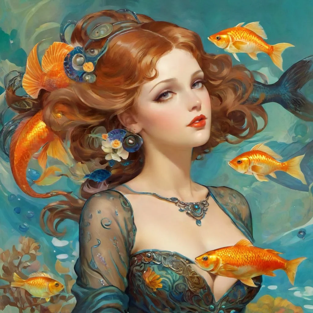 Glamour pinup art in the style of Bill Medcalf, Alphonse Mucha, Gustav Klimt.
((((anthropomorphic bipedal humanoid with fish like traits)))), scaly primeval sexy [merfolk].  bald, tail 
beautiful sexy Gorgeous, Large round breasts, perfect beautiful face, 
beautypinupart, glamour photography style
