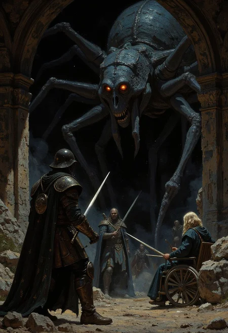 A tense scene inside a dimly lit cave where Roland and his ka-tet confront a giant spider, its eyes gleaming maliciously in the dark. Susannah, gripping her weapons, readies herself beside Roland, her wheelchair reinforced with metal guards.