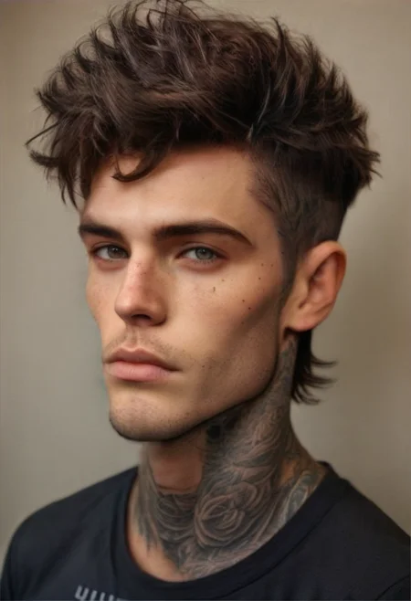 score_9, score_8_up, score_7_up, absurdres, intricate details, masterpiece, best quality, screencap, high quality, 8k, best qfigure, 1boy, male focus, solo, alone,
Adryan, messy hair, brown hair, undercut, heterochromia, strong cheek bones, stubble, brown right eye, hazel left eye, lips, facial hair, stubble, cheekbones, handsome man, young, cute face,
Shirtless, pectorals, abs, slim muscle, lean muscle, lean, broad shoulders, slim waist, small waist, hourglass figure, detailed and intricate chest tattoo, torso tattoo, realistic, skin texture style, realistic skin, detailed skin pore, detailed skin, clear skin, pretty face, handsome face,