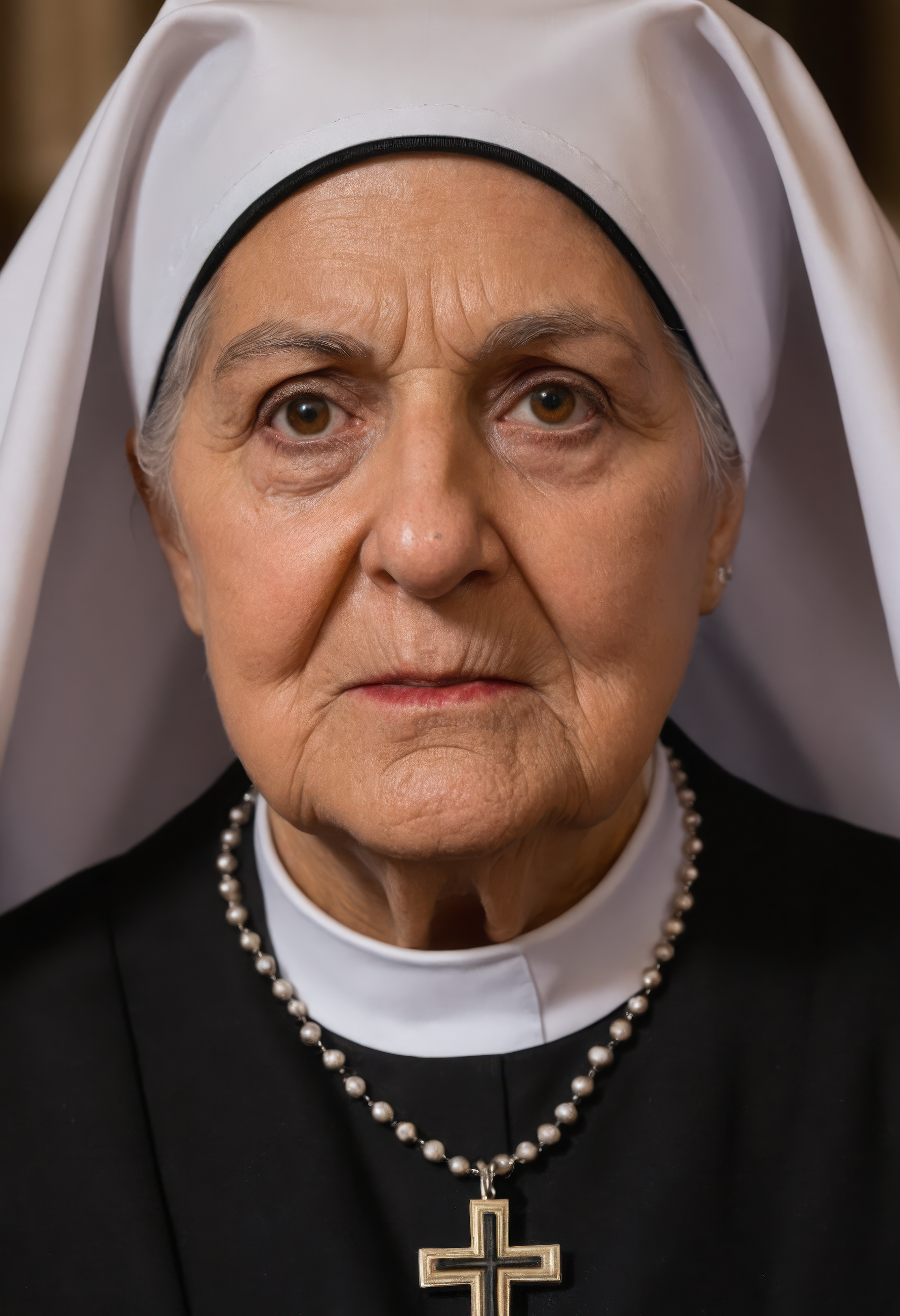 older Italian nun, church, black clothing, necklace with cross, sinister expression, close-up face