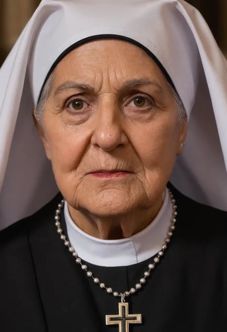 older Italian nun, church, black clothing, necklace with cross, sinister expression, close-up face