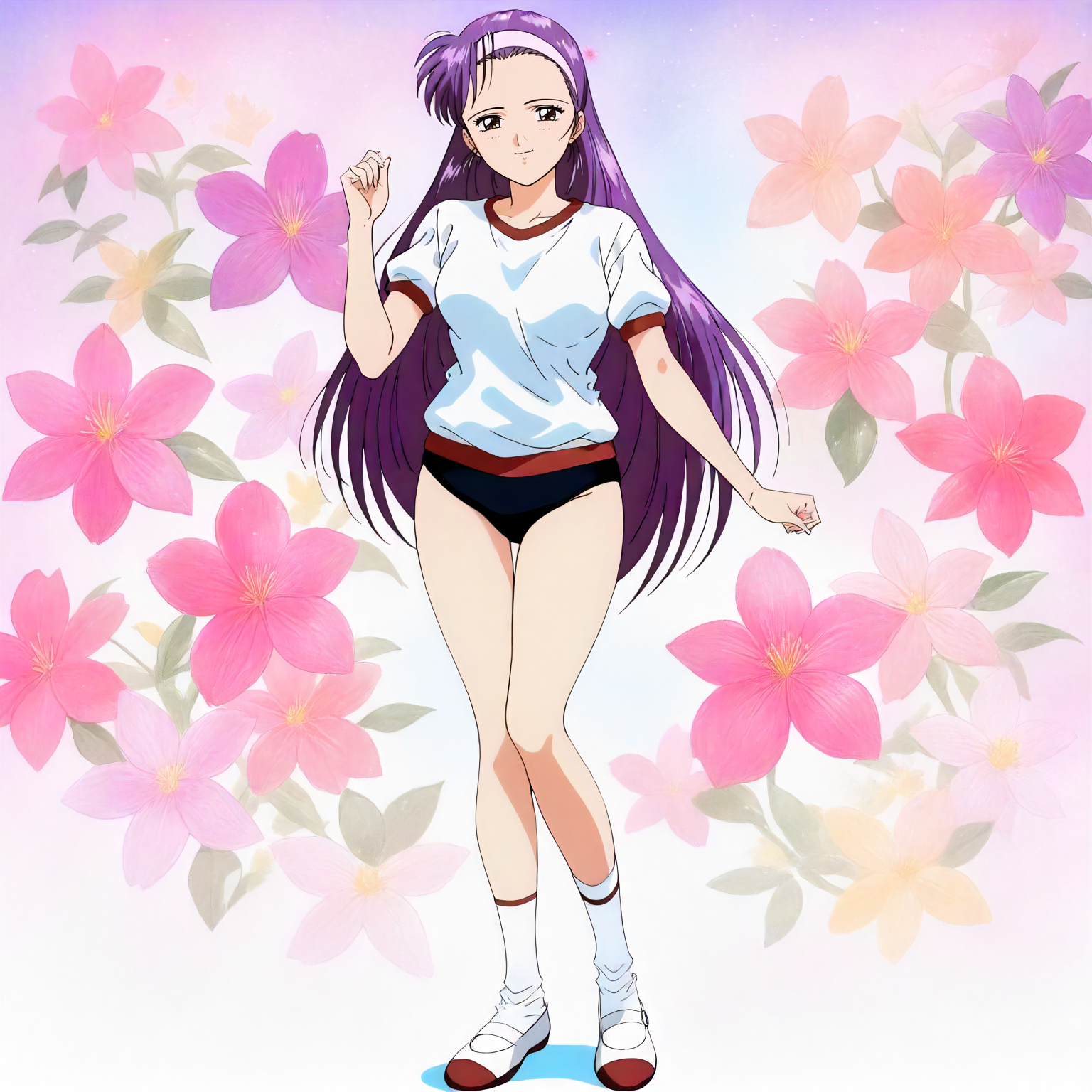 <lora:ZSBGP0_saionji_reikoXLanimagine002>,
masterpiece,high score,great score,absurdres,
flower background,glitter,
smile,
looking at viewer,
solo,
anime coloring,1990s \(style\),
saionji_reiko\(zenkoku_seifuku_bishoujo_grand_prix\),1girl,purple hair,long hair,hairband,forehead,brown eyes,
gym shirt,white shirt,short_sleeves,red trim,
black buruma,
socks,uwabaki,
full body,
standing,