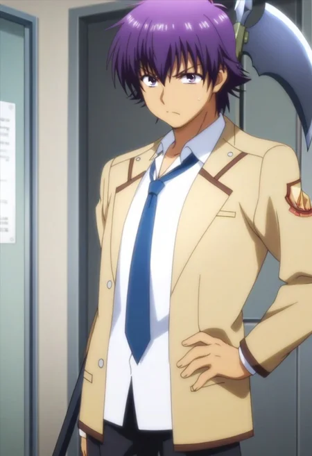 Anime, anime screencap, anime coloring, official art, official style, ((1male only, 1boy only, male focus, one male character only, single male character only, single illustration only)), bishonen, handsome, attractive, cute, sexy, good-looking, lean figure, toned fit body, tall body, talk height, Angel Beats! anime style, Noda, purple hair, purple eyes, yellow-brown open blazer, ((open blazer)), blue necktie, white collared untucked undershirt, black pants, halberd weapon, holding halberd, cowboy shot, head to hips shot, doorway of classroom, angry