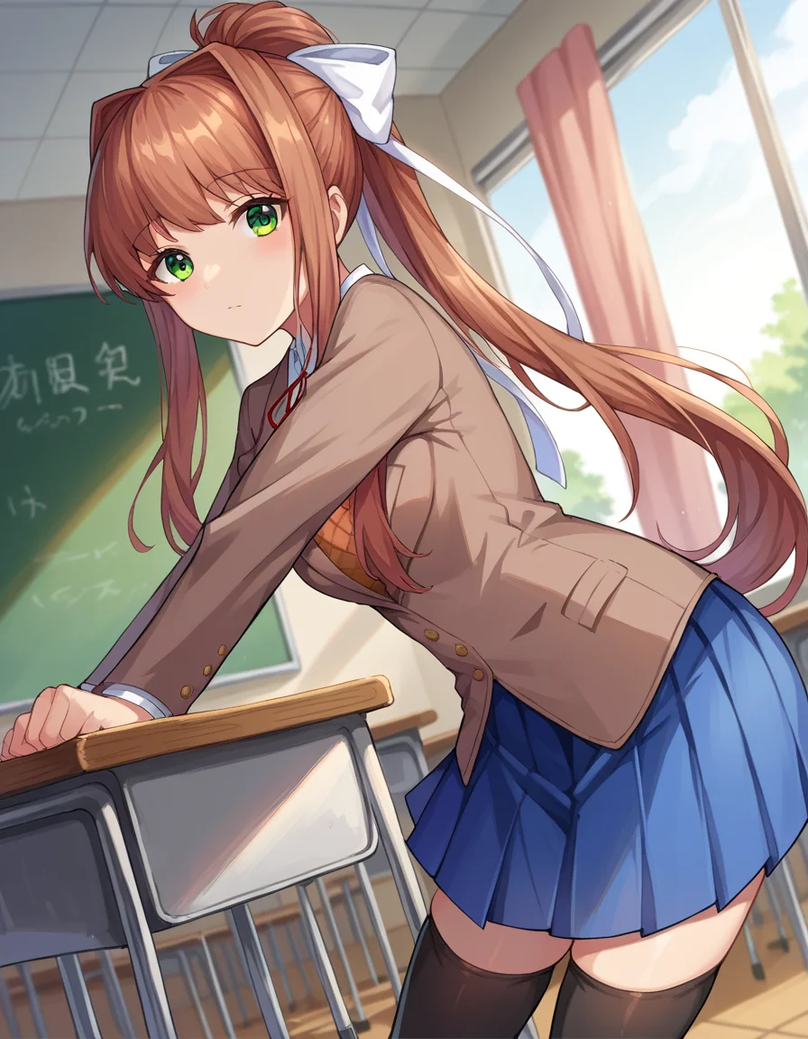 score_9, score_8_up, score_7_up, source_anime,
ddlcmonika, <lora:ddlc-monika-ponyxl-lora-nochekaiser:1>
ddlcmonika, blunt bangs, brown hair, green eyes, long hair, ponytail, ribbon, white ribbon, hair ribbon, sidelocks,
black thighhighs, blue skirt, brown jacket, jacket, long sleeves, mary janes, over-kneehighs, pleated skirt, school uniform, shoes, skirt, thighhighs, zettai ryouiki,
indoors, classroom, bent over,
looking at viewer, dutch angle, cowboy shot,