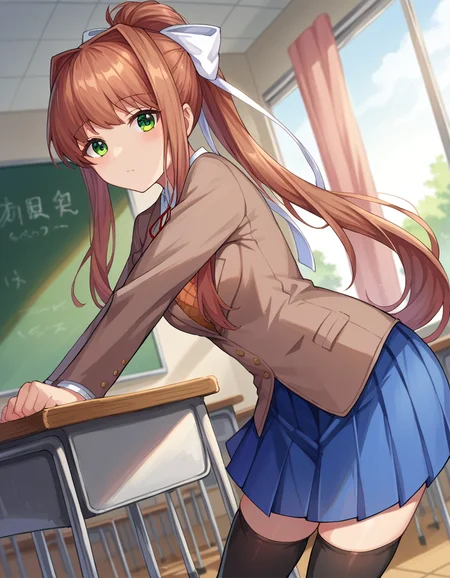 score_9, score_8_up, score_7_up, source_anime,
ddlcmonika, <lora:ddlc-monika-ponyxl-lora-nochekaiser:1>
ddlcmonika, blunt bangs, brown hair, green eyes, long hair, ponytail, ribbon, white ribbon, hair ribbon, sidelocks,
black thighhighs, blue skirt, brown jacket, jacket, long sleeves, mary janes, over-kneehighs, pleated skirt, school uniform, shoes, skirt, thighhighs, zettai ryouiki,
indoors, classroom, bent over,
looking at viewer, dutch angle, cowboy shot,
