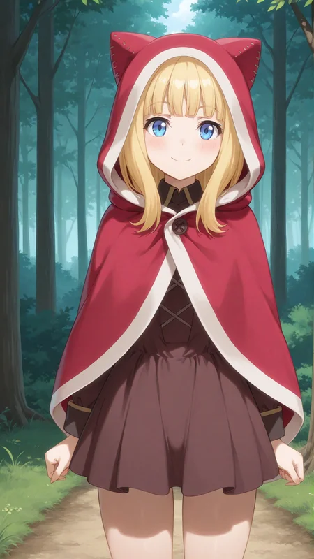 score_9, score_8_up, score_7_up, derpibooru_p_95, uncensored, masterpiece, absurdres, source_anime, <lora:hand 4:1>, perfection, 1girl, solo, standing, looking at viewer facing viewer, pious, hands at side, smile, blush, forest, cowboy shot, center, BREAK, <lora:IL_Anvil_Goblin_no_Suana:0.8>, blue eyes, blonde hair, medium hair, brown dress, red cloak, animal hood,