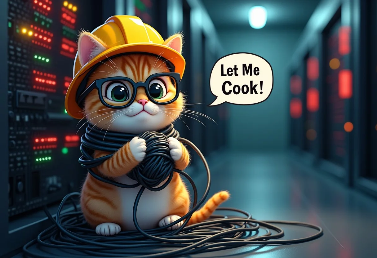 realistic picture of a cute kitty with security glasses and a yellow hard safety hat looking into the camera wrapped in network cables and a holding a ball of wires in his paws, sitting atop a pile of wires plugged to server racks and a mess of wires hanging in the back, inside a datacenter server room with red, yellow and green led lights blinking in the server racks in the background, a cartoon text bubble floating beside the kitty with the text "Let Me Cook!"