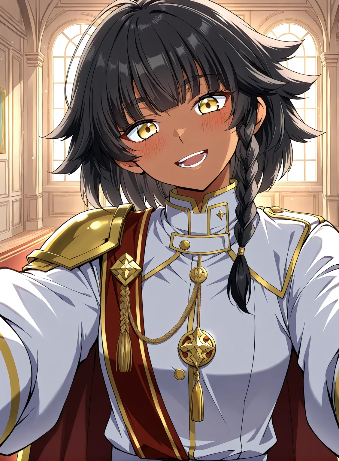<lora:Mica_Earthborn__The_Beginning_After_the_End__Illustrious:1>
1 girl, solo, dark skin, golden eyes, short black hair, uneven bangs, side braid, layered hair, messy hairstyle,
white military uniform, golden shoulder guards, gold accents, red sash, gold rope tassel, high collar, cape with gold tri
score_9, score_8_up, score_7_up, score_6_up, source_anime, rating_explicit, 1girl, solo, smile, embarrassed, alcalose eyes, open mouth, mansion, indoors, looking at viewer, outstretched arms, pov, close-up, (head tilt:1.2)