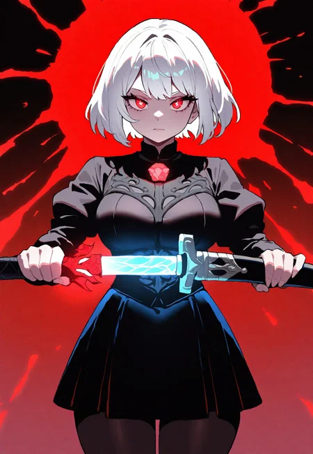 masterpiece, best quality, newest, absurdres, highres, 1girl, solo, black hoodle, white hair, short hair layer-cut, glowing cyan sword, unsheathing left to right, cowboy shot, red splash color background ,combines anime and gothic influences, supernature energy,