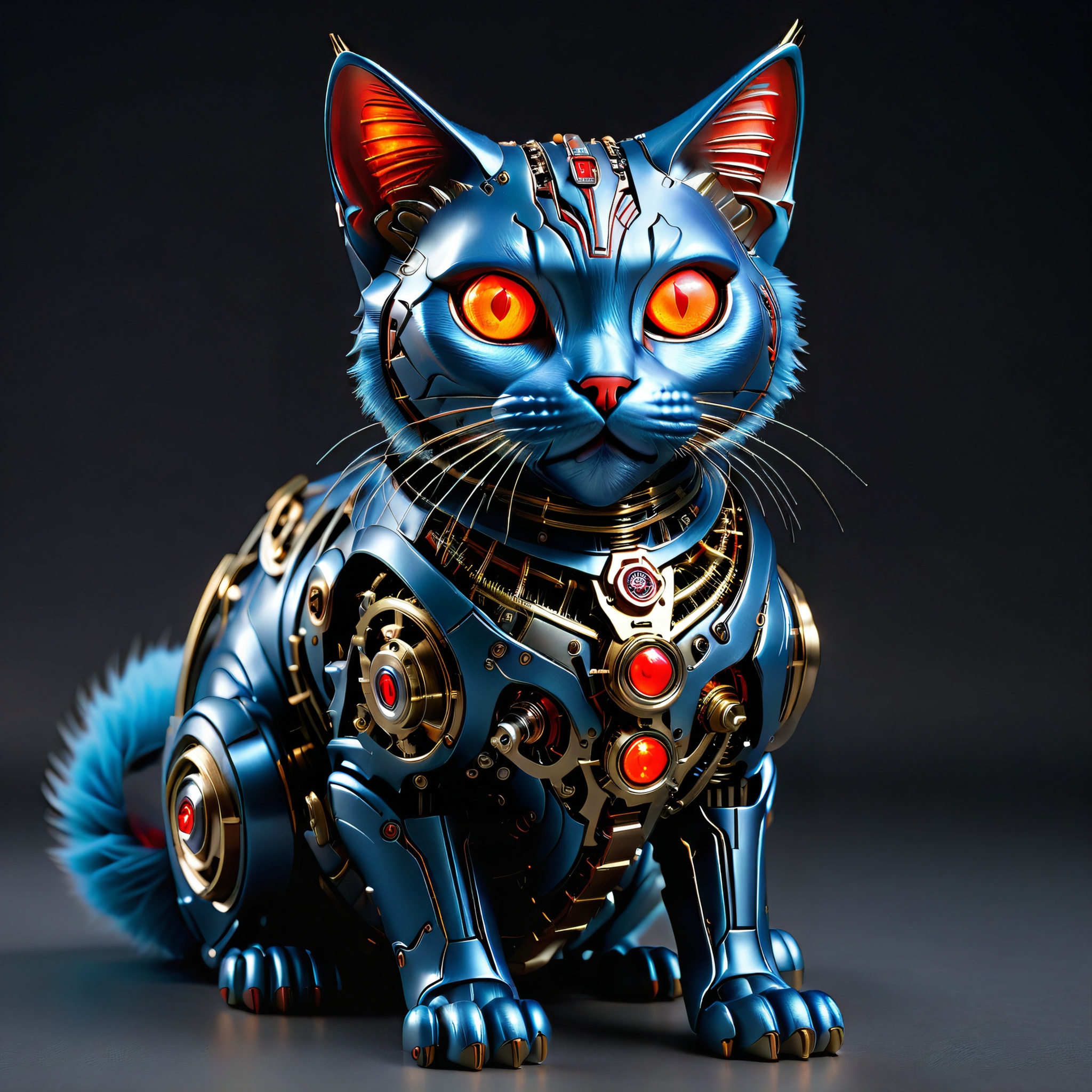 hybrid full bio-mechanical cat with blue fur and red glowing eyes