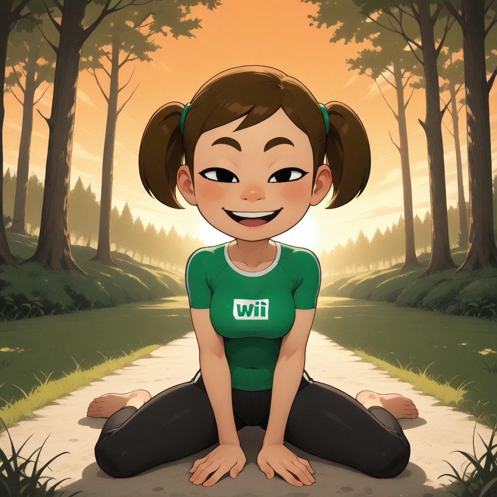 score_9, score_8, BREAK, solo, wii, mii, 1girl, female mii, wii sports, black eyes, brown eyebrows, blush, open mouth, dark brown hair, twintails, dark green clothing, black pants, barefoot, cute, breasts, MidoriWSR, nintendo Mii, modern_mii, classic_mii, playful face, thin, skinny, tall, adult female, mature female, sexy pose, self portrait, smile, looking at viewer, outdoors, sunlight, shadows, evening lighting, natural lighting, forest, trees, grass, orange sky, sunset