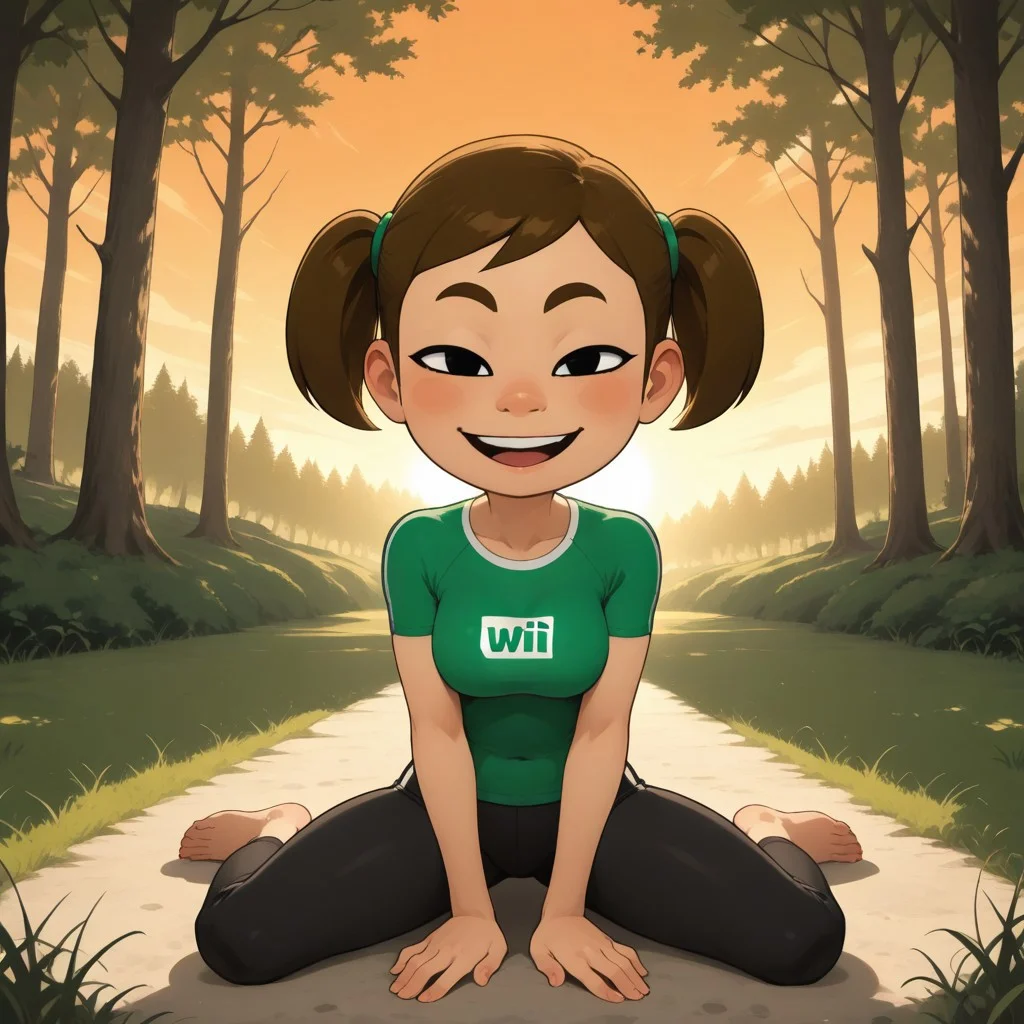 score_9, score_8, BREAK, solo, wii, mii, 1girl, female mii, wii sports, black eyes, brown eyebrows, blush, open mouth, dark brown hair, twintails, dark green clothing, black pants, barefoot, cute, breasts, MidoriWSR, nintendo Mii, modern_mii, classic_mii, playful face, thin, skinny, tall, adult female, mature female, sexy pose, self portrait, smile, looking at viewer, outdoors, sunlight, shadows, evening lighting, natural lighting, forest, trees, grass, orange sky, sunset
