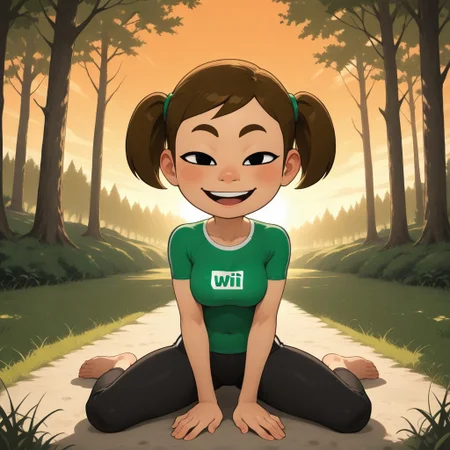 score_9, score_8, BREAK, solo, wii, mii, 1girl, female mii, wii sports, black eyes, brown eyebrows, blush, open mouth, dark brown hair, twintails, dark green clothing, black pants, barefoot, cute, breasts, MidoriWSR, nintendo Mii, modern_mii, classic_mii, playful face, thin, skinny, tall, adult female, mature female, sexy pose, self portrait, smile, looking at viewer, outdoors, sunlight, shadows, evening lighting, natural lighting, forest, trees, grass, orange sky, sunset