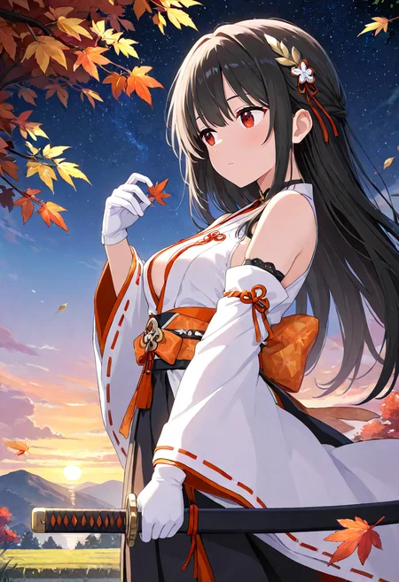 masterpiece, best quality, absurdres, very aesthetic, general,
1girl, white shirt, open shirt, sleeveless shirt, white kimono, japanese clothes, black skirt, hakama, detached sleeves, white sleeves, hair ornament, white gloves, bare shoulders, white collar, orange obi, cowboy shot, holding sword, outdoors, autumn, autumn leaves, outdoors, sunset, twilight, starry sky, night sky, black hair, long hair, from side, looking to the side, falling leaves, red eyes,
