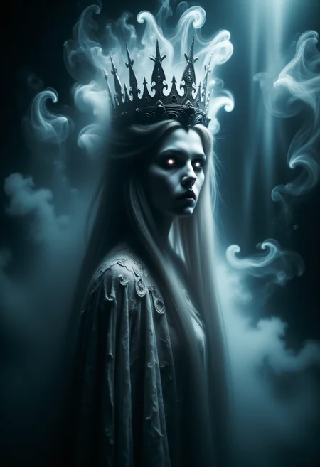 A beautifully haunting Banshee Queen, wearing a ghostly crown made of mist and shadows, her flowing hair blends with the ethereal surroundings. Her glowing eyes pierce through the darkness, casting an eerie light. Her face is both beautiful and terrifying, with pale, ghostly skin, hollow cheeks, and an expression of cold sorrow. She wears an ancient, tattered royal gown that seems to float and dissolve into the mist around her. The ambiance is extremely spooky, with swirling fog, dark, oppressive shadows, and an otherworldly glow surrounding her. The scene exudes both elegance and terror, capturing her as a figure of beauty and horror. The atmosphere is chilling, filled with supernatural energy, creating an unsettling yet captivating presence.
