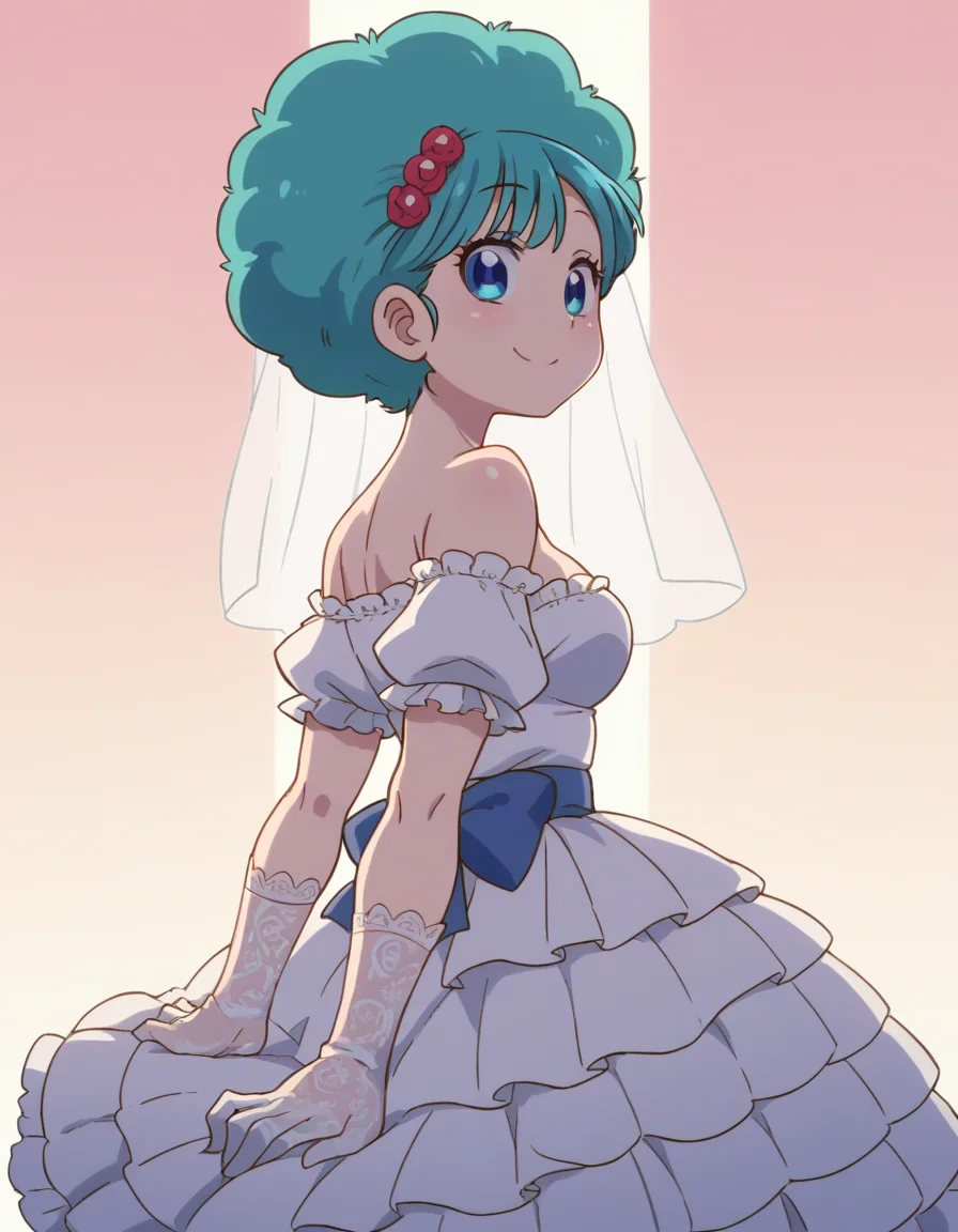 zPDXL, score_9, score_8_up, score_7_up, source_anime, (portrait), 1girl, solo,
 <lora:KobayashiDragonPack:1> drgmd, bulma, blue eyes, blue hair, afro , smile, straddling, bride wearing Ruffled off-the-shoulder top with ribbon detail, tulle princess skirt, jeweled hairpin, peep-toe pumps, wedding veil with lace, lace gloves embellished with lace and pearls,embroidered sash cinching the bride's waist