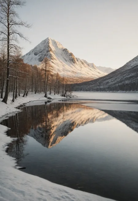 Polaroid photo, landscape, still waters perfectly reflecting a snowy mountain, sunny, golden hour, frozen lake, trees, Sweden, Norway, Denmark <lora:Polaroid:0.3> <lora:RMSDXL_Enhance:3>