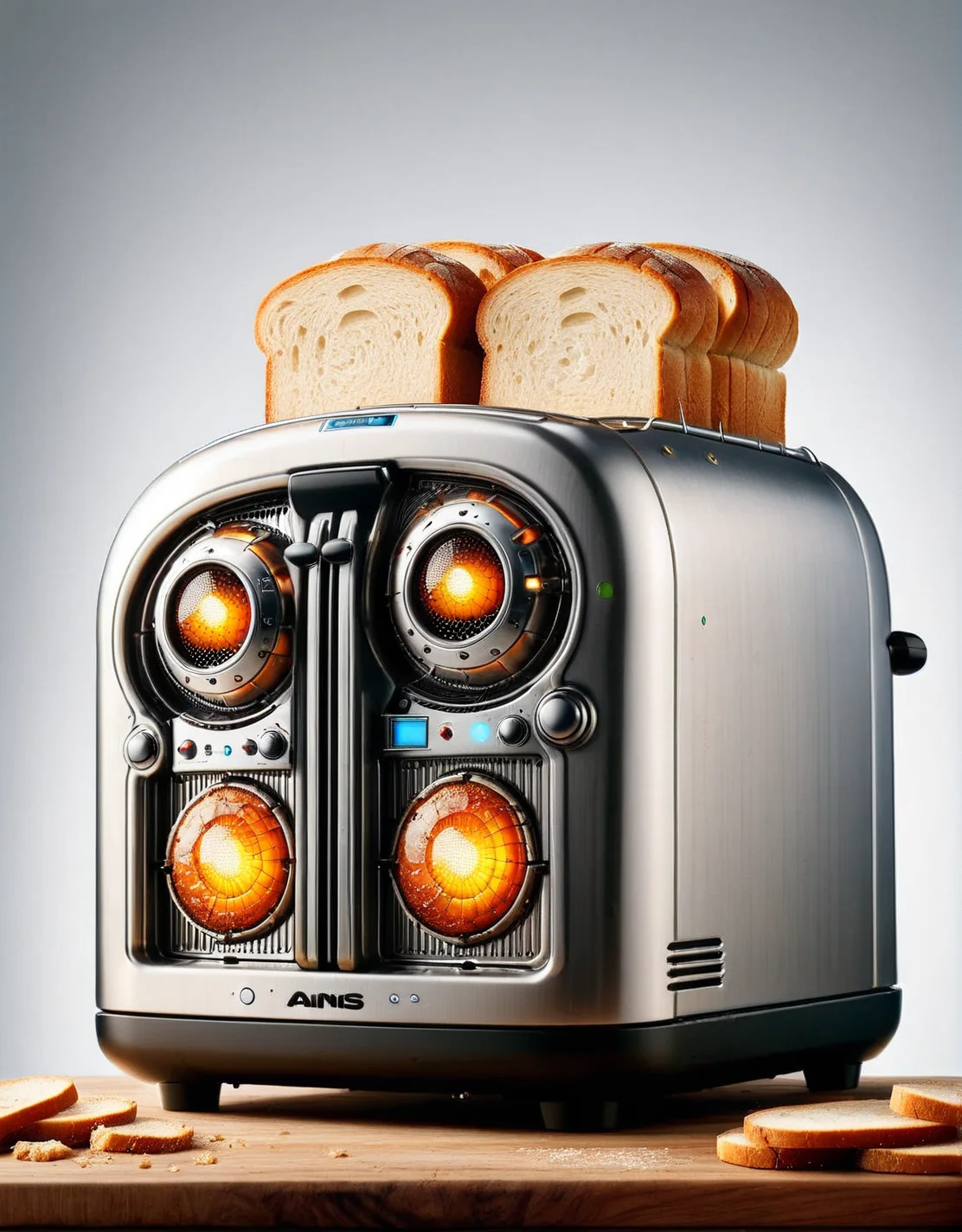 A ais-rbts toaster, popping out perfectly browned slices of bread. <lora:ais-rbts-sdxl:1>, masterpiece, uhd, 4k