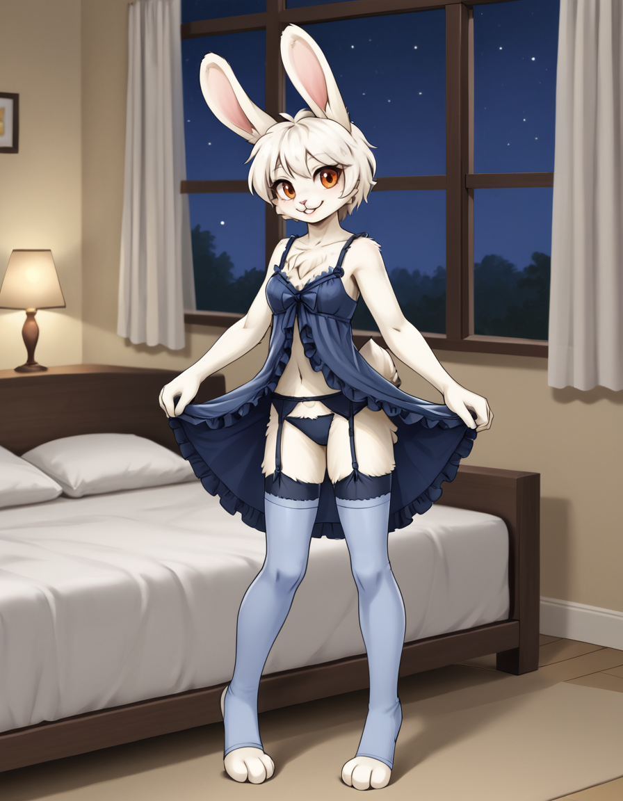 indoors,bedroom,night,window,night sky,
full body,smile,long eyelashes,parted lips,happy,
thighhighs, garter belt, frilled negligee, 
<lora:Mimiga_v01_PDXL:1>,Mimiga,1girl,solo,furry female,rabbit girl,rabbit tail,rabbit ears,white fur,body fur,white hair,short hair,orange eyes,animal nose,