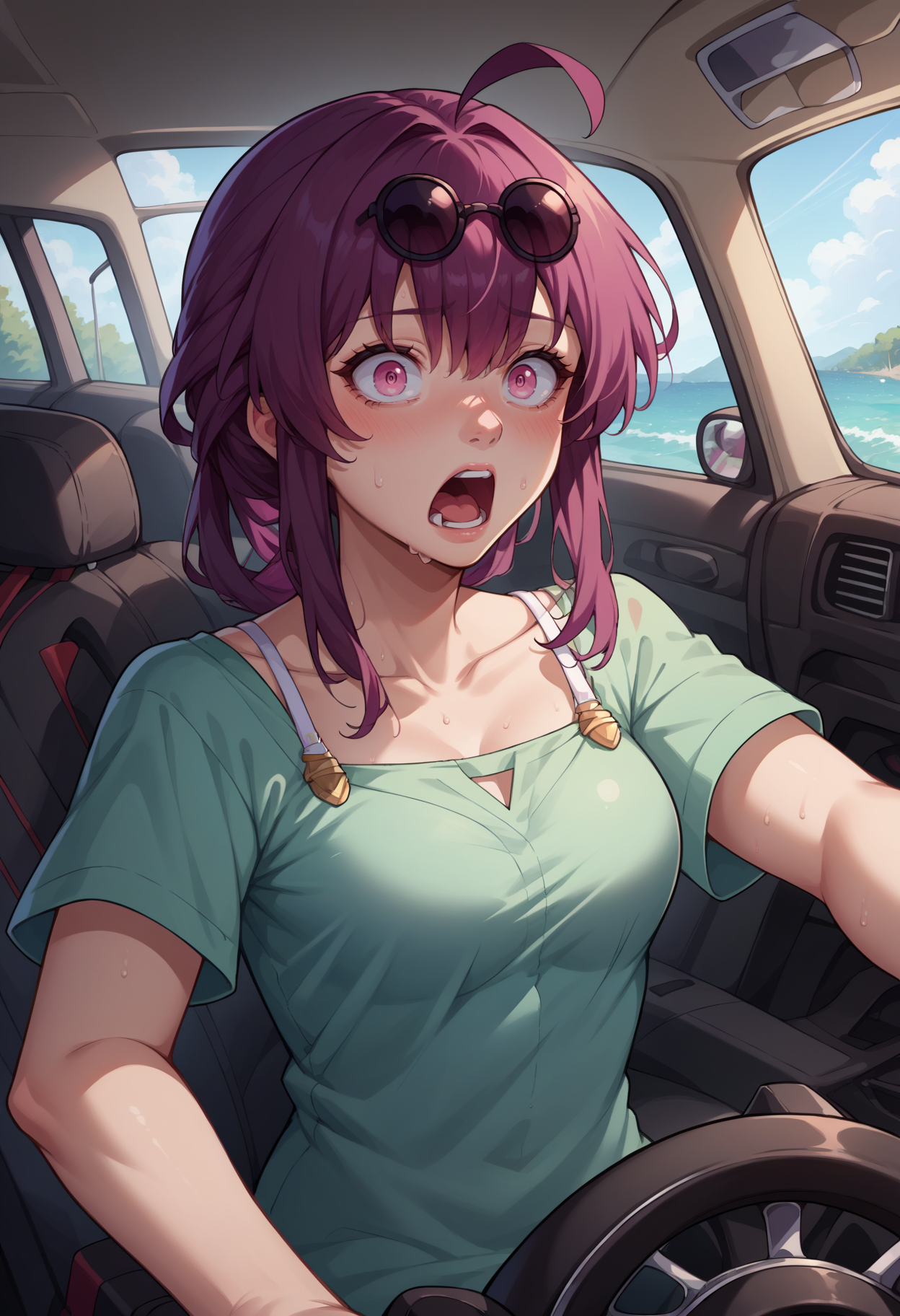 score_9, score_8_up,score_7_up, source_anime, rating_safe, 1girl, solo, <lora:EPhsrKafka:1> ,EPhsrKafka, purple hair, long hair, low ponytail, pink eyes, hair between eyes, eyewear on head, sunglasses, 
 !, !!, ahoge, blush, green shirt, driving, looking at viewer, motion blur, open mouth, shirt, short sleeves, spaghetti strap, steering, steering wheel, surprised, sweat, upper body, screaming, panicking, wide-eyed