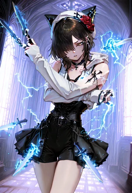 masterpiece, newest, absurdres, best quality, amazing quality, very aesthetic, ultra-detailed, highly detailed, BREAK 1girl, solo, asian, ku-mi, black hair, pointy ears, forearm tattoo, dark brown eyes, small breasts, black hair, choker, medium hair,Gothic style, white hoodie, inverted cross, lace high collar, black corset vest, black fishbone skirt, black shorts, black Mary Jane shoes, cross necklace, black bell-shaped hat, rose brooch, belt, sleeves with black cross pattern, BREAK depth of field, ambient occlusion, (diffuse glow:0.2), cinematic lighting, detailed background, close-up, indoor, interior, room,  dagger_cloud_(magic), floating dagger, spinning wind, magic dagger, dynamic pose, many dagger, magic, glowing, spinning dagger, cowboy shot, hair over one eye, black background, looking at viewer, collarbone, bare shoulders, bare thighs, eye trail,GF-Illu, holding dagger, detailed arms, detailed hands, two arms, detailed face, lightning eyes