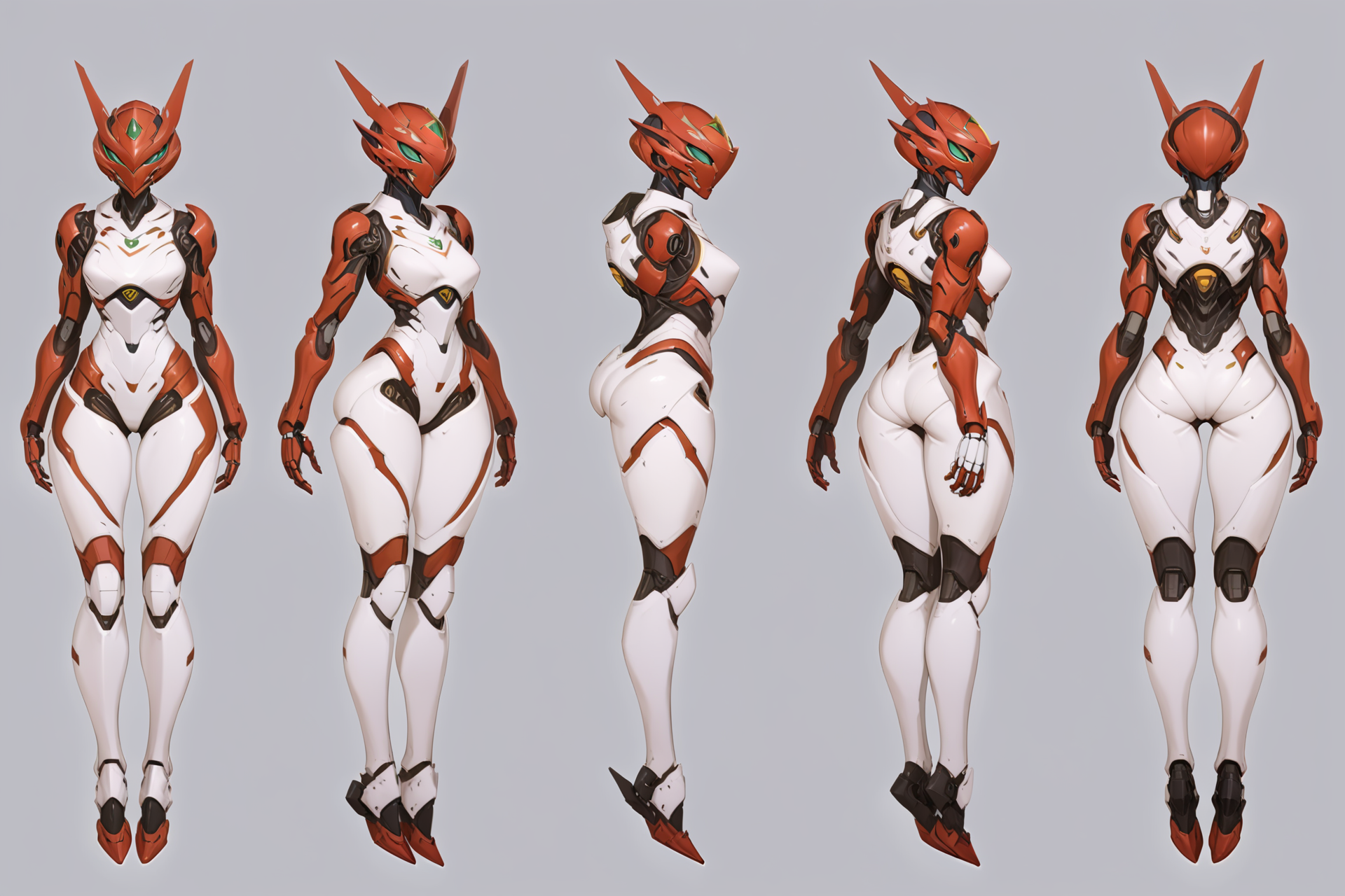 (GENERAL:0), mecha, robot, masterpiece, best quality, very aesthetic, absurdres, solo, standing,
(VIEWS:0),  full body character turnaround of mecha,
Multiple views of the same mecha,  (simple background, white background:1.2), multiple views, side view, back view, front view, 
,
mask, helmet,
(Creature Ref:0), 
Ladybug \(insect\)ï¼
(Mecha Ref:0), 
EVANGELION EVA-01 TEST TYPE,
plate armor, power suit, alien,
android, cybersuit, upper armor, mechanical arms, machinery, prosthesis,
(bodyshape:0), Lithe body,
(clothing:0), (retro-inspired swing dress with a halter neck, a full skirt, and a vibrant pattern,:0.6), 
(white  
fantastic  theme character design:1.1),
 <lora:MechTurnXLRemix_v1:.5>
 <lora:MechTurnXL_v1:.5>
<lora:ClothTurnXLRemix_v1-000004:.25>
 <lora:ClothTurnXL_v1-000004:0.25> 
<lora:CharTurnXL_v2:0.25>
 <lora:xl_more_art-full_v1:.25>,
 <lora:Alphonse Mucha Style:.1>, Alphonse Mucha Style page
 <lora:å½é£æç»SDXL:.1> 
 <lora:mecha:.2><lora:EnvyMechaGirlXL01:.5> <lora:EnvyMechaGirlXL02:.38>