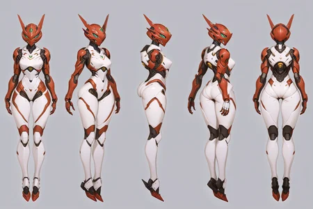 (GENERAL:0), mecha, robot, masterpiece, best quality, very aesthetic, absurdres, solo, standing,
(VIEWS:0), full body character turnaround of mecha,
Multiple views of the same mecha, (simple background, white background:1.2), multiple views, side view, back view, front view,
,
mask, helmet,
(Creature Ref:0),
Ladybug \(insect\)ï¼
(Mecha Ref:0),
EVANGELION EVA-01 TEST TYPE,
plate armor, power suit, alien,
android, cybersuit, upper armor, mechanical arms, machinery, prosthesis,
(bodyshape:0), Lithe body,
(clothing:0), (retro-inspired swing dress with a halter neck, a full skirt, and a vibrant pattern,:0.6),
(white
fantastic theme character design:1.1),
<lora:MechTurnXLRemix_v1:.5>
<lora:MechTurnXL_v1:.5>
<lora:ClothTurnXLRemix_v1-000004:.25>
<lora:ClothTurnXL_v1-000004:0.25>
<lora:CharTurnXL_v2:0.25>
<lora:xl_more_art-full_v1:.25>,
<lora:Alphonse Mucha Style:.1>, Alphonse Mucha Style page
<lora:å½é£æç»SDXL:.1>
<lora:mecha:.2><lora:EnvyMechaGirlXL01:.5> <lora:EnvyMechaGirlXL02:.38>