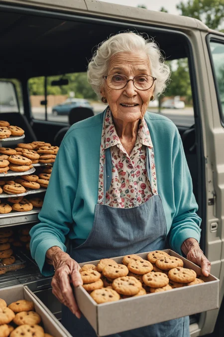 a beautiful high definition crisp portrait of old lady selling cookies from a truck in a suburban area,taken with a professional grade camera with exquisite color grading