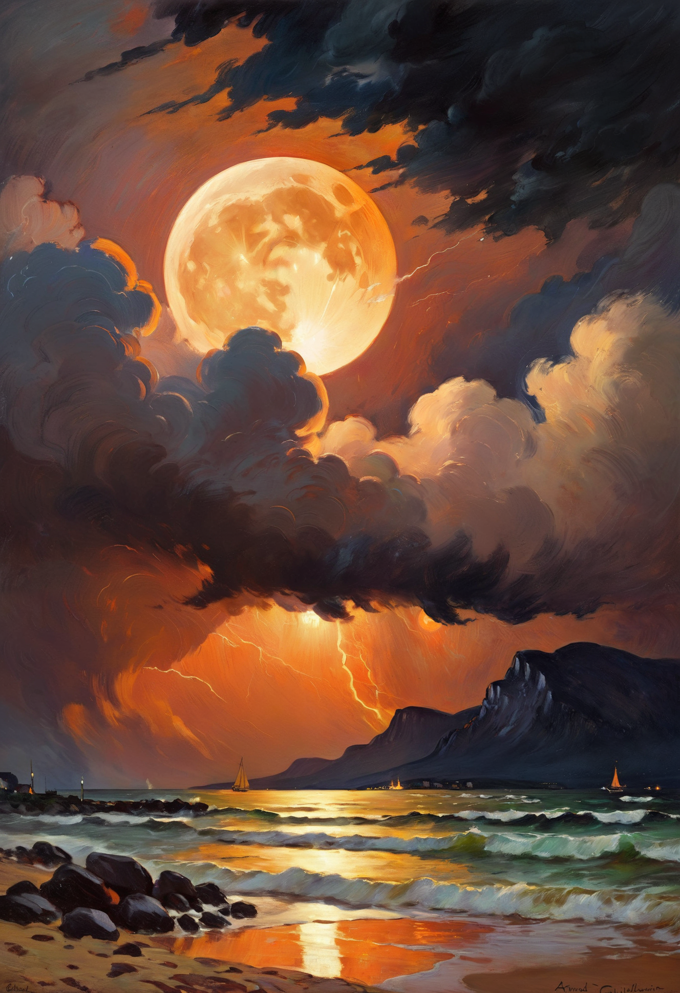 Impressionistic realism, a prominent full moon on a stormy night, orange glow, violent thunderstorm, the image has a confounding effect, a juxtaposition of it's nature with the quiescence that is felt upon viewing it, an intense storm yet leaving a peaceful quiet inside, leaving the viewer to contemplate how good it is, masterpiece, 8k, art by Armand Guillaumin
