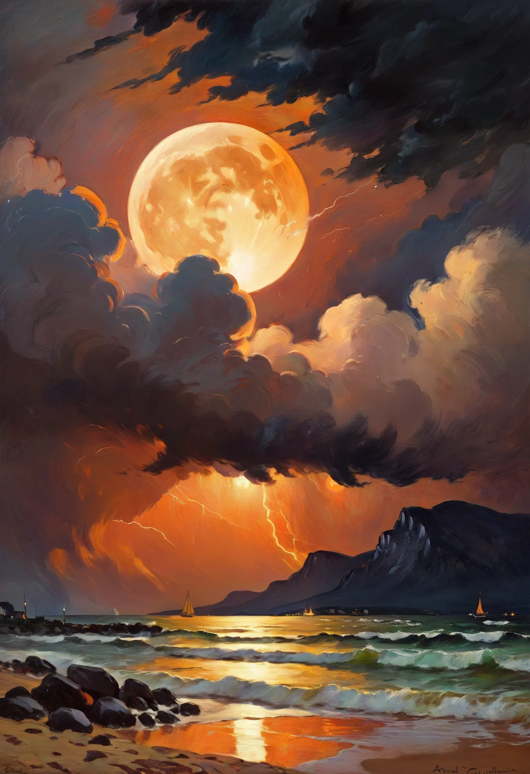 Impressionistic realism, a prominent full moon on a stormy night, orange glow, violent thunderstorm, the image has a confounding effect, a juxtaposition of it's nature with the quiescence that is felt upon viewing it, an intense storm yet leaving a peaceful quiet inside, leaving the viewer to contemplate how good it is, masterpiece, 8k, art by Armand Guillaumin