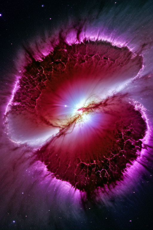 a brilliant and vivid supernova. two large jets of cosmic radiation shoot out violently from the former stars poles. (8k, high resolution, extreme detail), color gradation, exquisite details, sharp focus, intricate details, taken with a CANON EOS R6 camera, 18mm lens