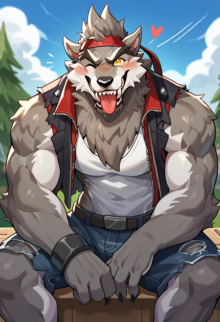 (male:1.2), solo, furry, anthro, canine, (muscular:0.3), bara, shirtless, grey fur, yellow eyes, tank top, blush, smiling, happy, looking_at_viewer, score_7_up, score_8_up, score_9, by nomifuk, cute:1.2, sitting, tailwag, wink, grin, tongue_out, <lora:Dire_Fortnite:1>, dire, fortnite, werewolf