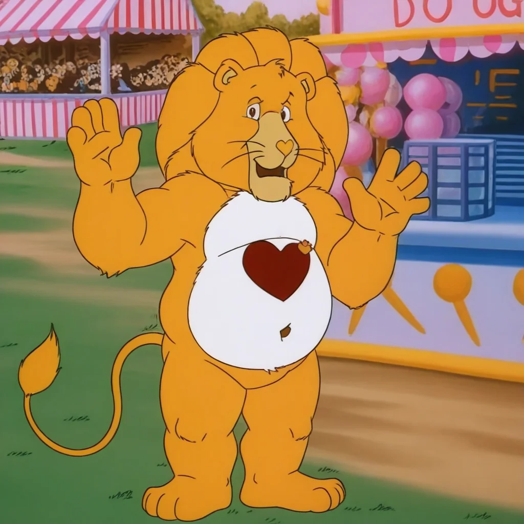 lion, yellow body, standing very tall, muscular, round belly, bara, mane, tail, detailed eyes, solo, waving to viewer, in an amusement park, heart shaped nose,