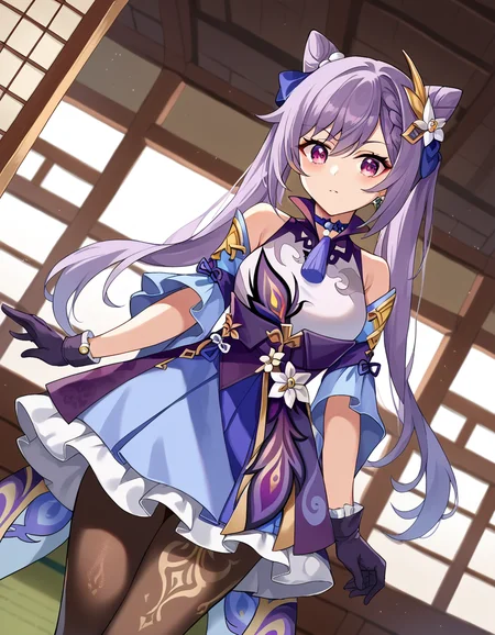 score_9, score_8_up, score_7_up, source_anime,
keqing, <lora:genshin-keqing-ponyxl-lora-nochekaiser:1>,
keqing, braid, cone hair bun, hair bun, hair ornament, long hair, purple eyes, purple hair,
bare shoulders, black pantyhose, detached sleeves, dress, gloves,
indoors, dojo,
looking at viewer, cowboy shot, dutch angle,