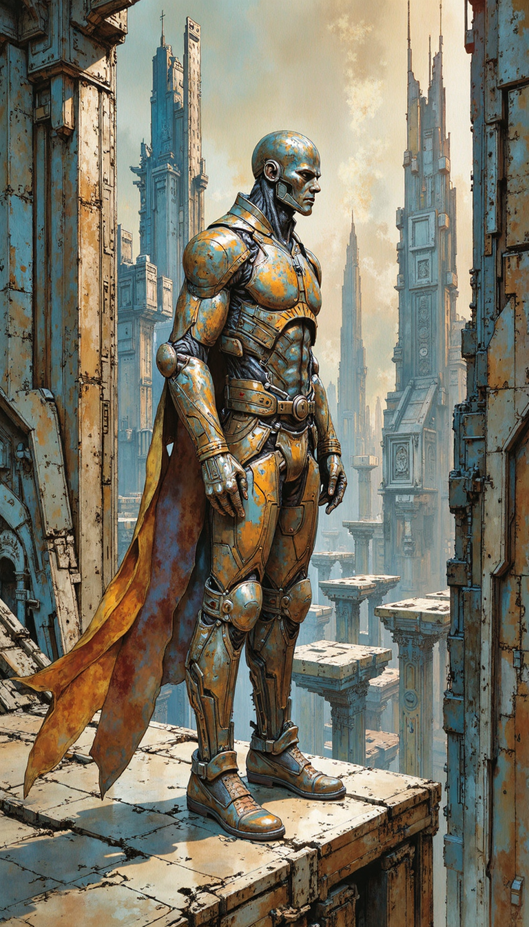 watercolor style,ARCHSLRA,a hand-drawn sketch and watercolor style,drk,intense opalescent inlay style, A solitary figure clad in saffron motorcycle leathers stands on a precipice overlooking a sprawling, crepuscular cityscape. The colossal edifices of this megalopolis pierce the cerulean haze, a testament to mankind's hubristic architectural aspirations. Emphasize the juxtaposition between the organic silhouette of the figure and the austere geometry of the urban panorama.  Focus on capturing the latent narrative potential of the scene â a fleeting moment of introspection amidst the relentless churn of future living. Render the scene in meticulous detail, accentuating the textural nuances of weathered concrete, burnished metal, and the figure's raiment. Utilize a cinematic lens, blurring the background to achieve an evocative shallow depth of field. The lighting should be evocative of twilight's denouement, with lingering amber hues bathing the scene in a melancholy glow.