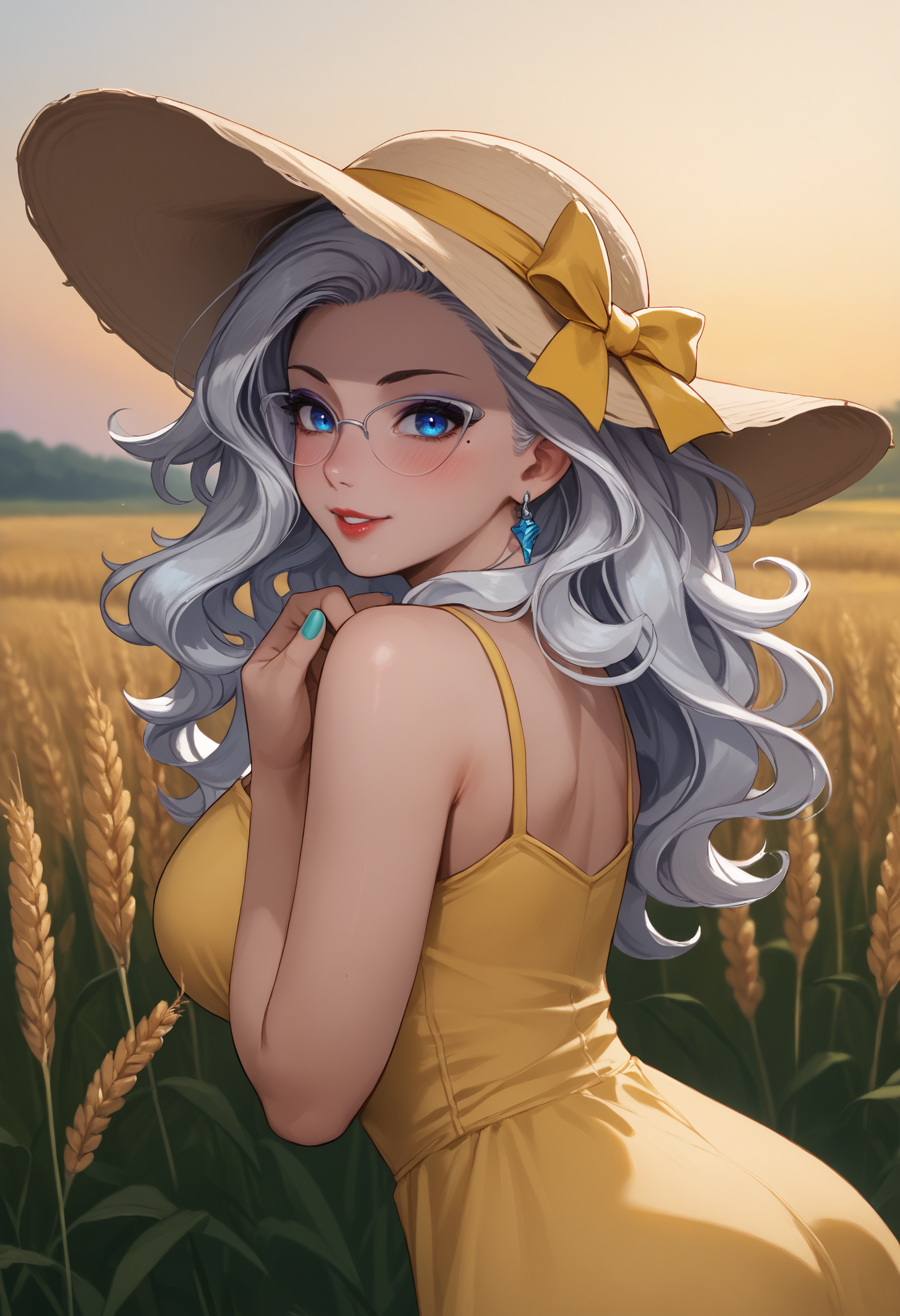 score_9, score_8_up, score_7_up, 1girl, lilysub, earrings, blue eyes, purple eyeshadow, eyeliner, lipstick, aqua nails, long hair, wavy hair, white hair, large breasts, over-rim eyewear, mole under eye, 
yellow sundress, sunhat,
looking at viewer, smile, blush, parted lips, looking back, back, bent over,
outdoors, wheat field, sunset,
<lora:Subverse-Lily-PDXL_V1-Manityro-CAME:1.0>,