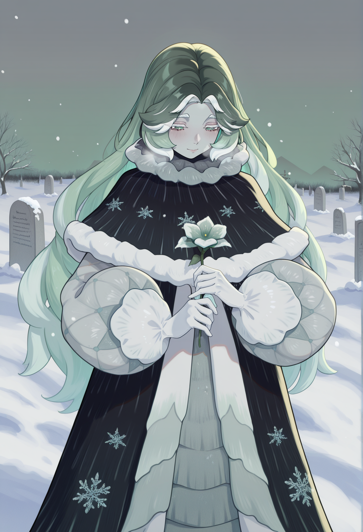 1girl, colored skin, grey skin, colored eyebrows, white eyebrows, colored eyelashes, white eyelashes, black eyelashes, multicolored hair, green hair, white hair, green eyes, whinter clothes, dress, coat, puffy sleeves, gloves, capelet, fur trim, snowflake print, solo, outdoors, graveyard, looking down, snow, holding flower, light smile <lora:Carolina_AFK:1>, masterpiece, best quality, amazing quality, very aesthetic, absurdres, highres, newest