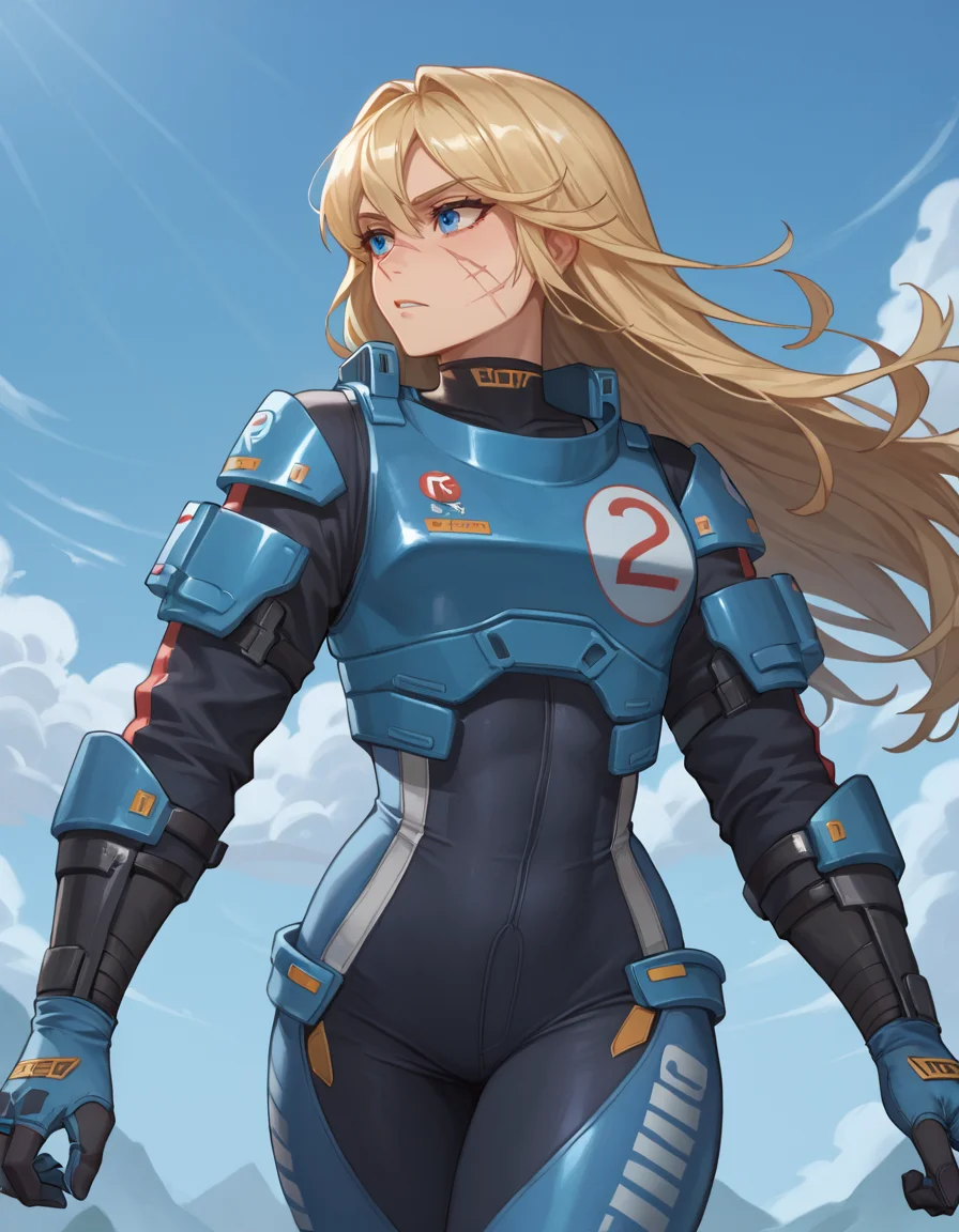 (embedding:Pony\Pony_PDXL_Negative_Embeddings\zPDXL2),simple background,1girl,watwirsped,black bodysuit,blue bodysuit,black gloves,blue gloves,two-tone gloves,looking at viewer,(from side:0.15),(looking_back:1.2),armor,(long hair:1.1),standing,black footwear,blonde hair,blue eyes,science fiction,scar,scar on face,blue cropped jacket,scar on cheek,knee pads,breastplate, <lora:MyTrainings\Temp\Wattson_Wired_for_Speed_XL_Pony\Wattson_Wired_for_Speed_XL_Pony.safetensors:0.7>